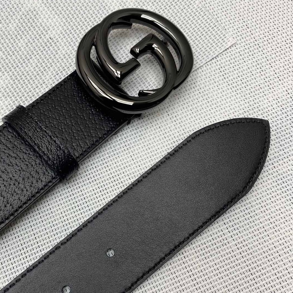 Unisex Gucci Black Leather Interlocking G Gunmetal Buckle Belt - Picture 5 of 5